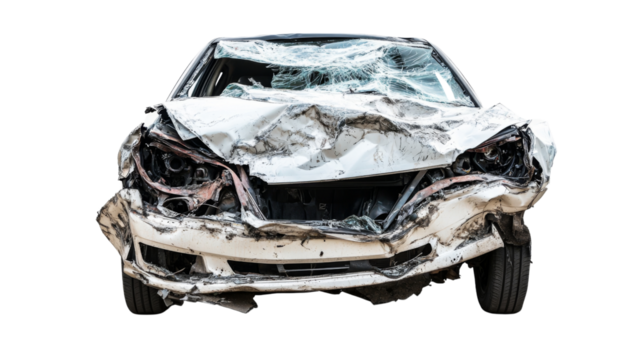 White wrecked car showing extensive front end damage on transparent background - Powered by Adobe