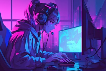 A young woman gaming with headphones in front of a computer
