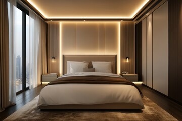 Luxurious modern bedroom with soft lights and large city view