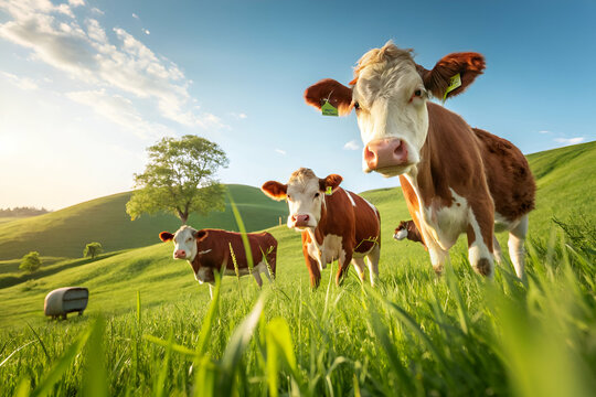 Playful Cows Grazing in Lush Green Field Under Clear Blue Sky with Gentle Hills in Background During Warm Sunny Day