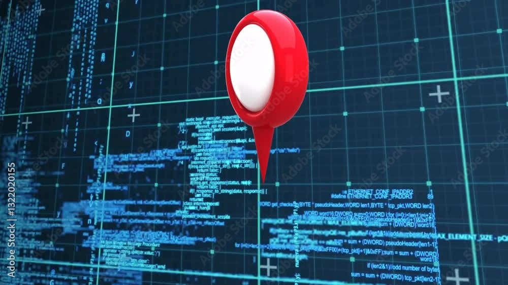 Poster animation of red location pin hovering over digital grid with blue coding data