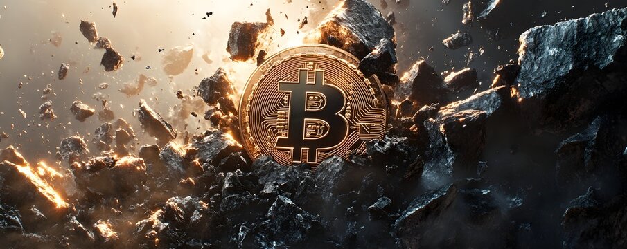 Golden bitcoin coin surrounded by rocks and debris in space