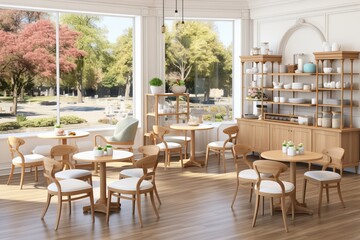 Fototapeta premium Scandinavian inspired interior featuring bright glass display cases and light wood furniture design