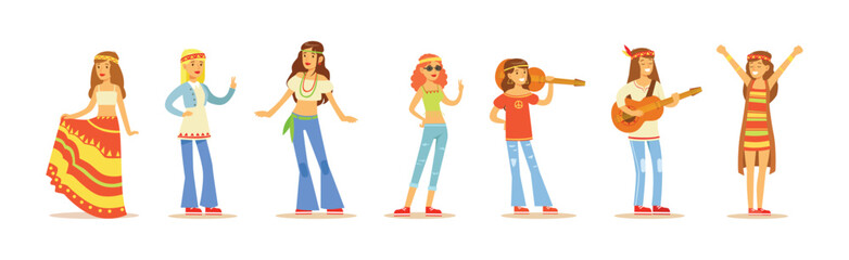 Woman Hippie Dressed In Classic Subculture Clothes Vector Set