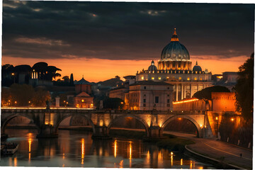 Fototapeta premium Stunning Sunset Over the Vatican City with Illuminated St. Peter's Basilica and River Reflections, Captured in a Serene Twilight Atmosphere
