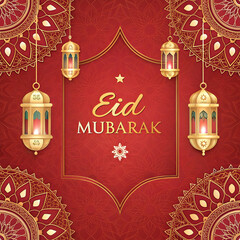 Eid mubarak background with 3d hanging lamps