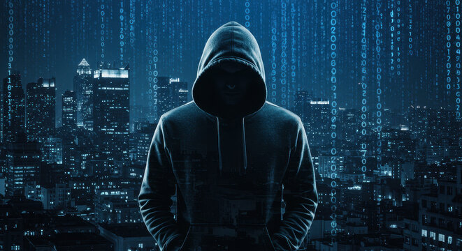 ** Hacker in the City: Cyberpunk Security Threat - Coding, Digital Invasion, and Anonymous Online Danger