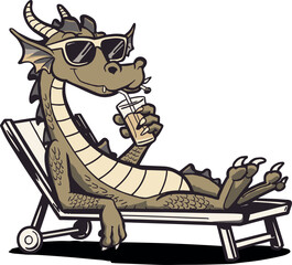 Relaxed Dragon Character Lounging on Beach Chair with Sunglasses and Drink Playful and Fun Illustration