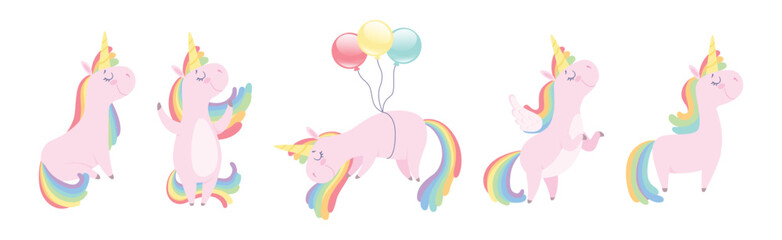 Funny Pink Unicorn Mythological and Magical Creature Vector Set © topvectors