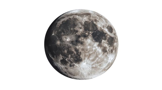 Full moon rotating showing craters and surface details on transparent background