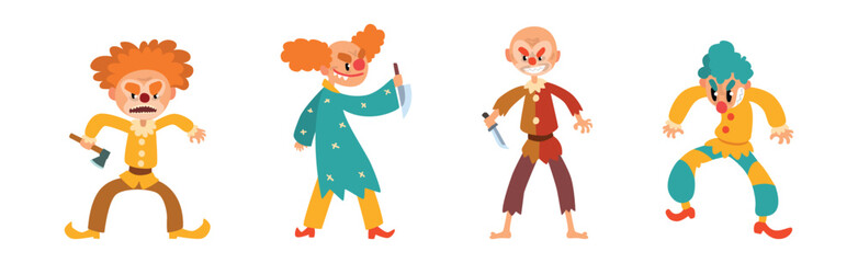 Angry Scary Clown Character with Terrifying Face Vector Set