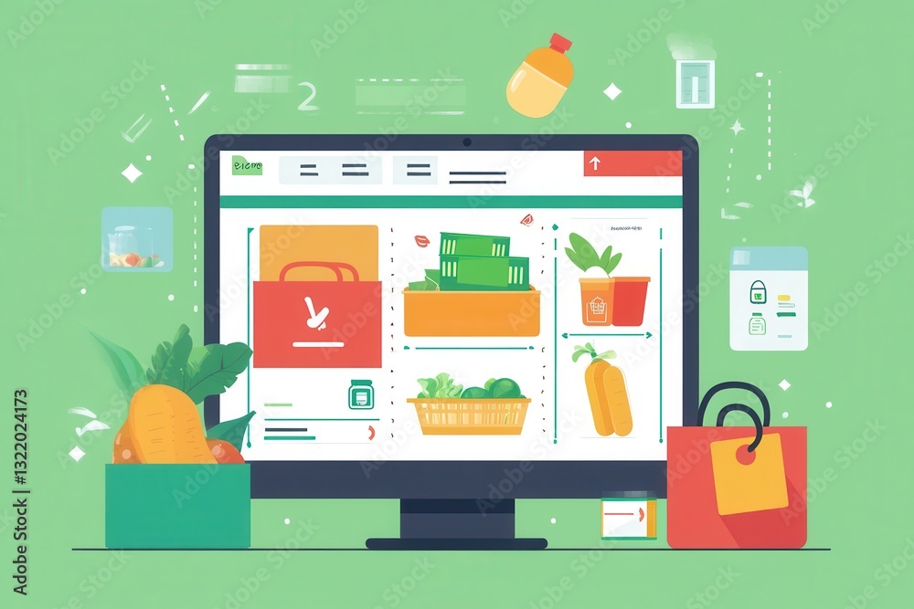 Poster stylized flat design illustration of an online grocery order summary on a digital screen showcasing 
