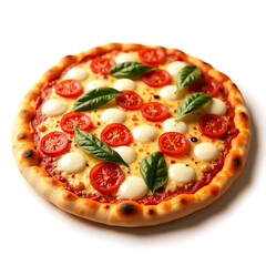 Falling Italian pepperoni pizza on white background.