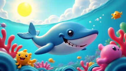 Obraz premium A cartoon whale swimming in the ocean surrounded by colorful corals.