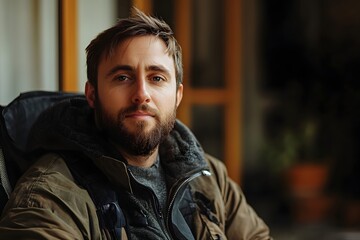 Obraz premium a portrait of a man with a beard looking at the camera.