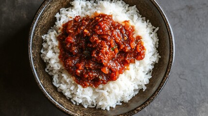 Top-down view of sambal generously layered over coconut rice, emphasizing its glossy, rich texture