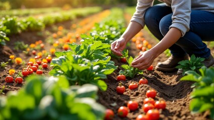 Fototapeta premium A woman crouches down to pick up a tomato plant in a field.