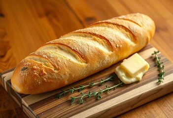 Naklejka premium Freshly baked baguette on a rustic cutting board