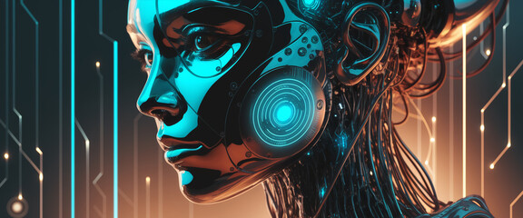 Close-up of metallic female robot head, teal and bronze hues, intricate wiring, futuristic background, technological concept, artificial intelligence