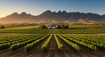 Vineyard Vista: Serene Winery Estate with Mountains. Golden Hour in Cape Winelands, South Africa. Wine Country Beauty & Tourism.