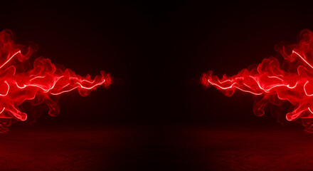 A gloomy background with red neon smoke spreading on both sides. Neon fairytale smoke moves on black background. Panoramic view of the abstract fog