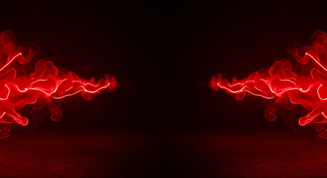 A gloomy background with red neon smoke spreading on both sides. Neon fairytale smoke moves on black background. Panoramic view of the abstract fog
