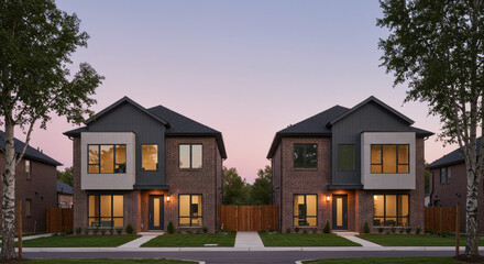 Modern Townhouses at Dusk: Brick & Light! Explore Contemporary Home Design, Real Estate, and Urban Living Inspiration.