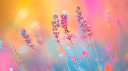 Fototapeta premium A beautiful spring flower meadow. Magical nature background blossom. Perfect for cosmetics, spa, perfume, beauty salon, florist shop, health care product, homeopathy, aromatherapy