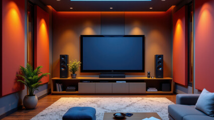 Modern living room with a focus on acoustic panels.