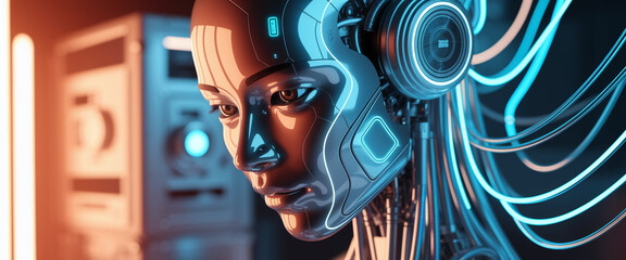 Close-up of a female android's face, sleek metallic texture, glowing blue accents,  depicting technological advancement and artificial intelligence