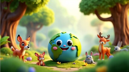 A group of animals standing around a globe in the middle of a forest.