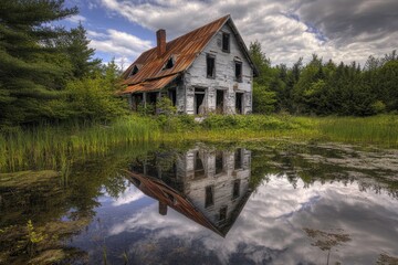 Obraz premium Abandoned Farmhouse Reflected in Still Water, Evoking Tranquility and Decay