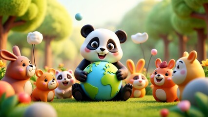 Fototapeta premium A panda bear holding a globe in front of a group of small animals.