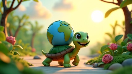 A turtle with a globe on its back walking through a lush green forest.