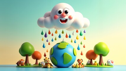 Naklejka premium A 3D illustration of a cloud with a smiley face in the middle of a forest.