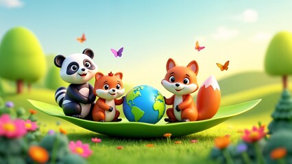 Fototapeta premium A group of animals sitting on top of a green leaf.