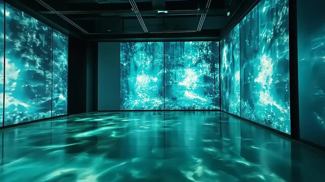 A digitally immersive space with vibrant blue-green visuals on walls and floor.