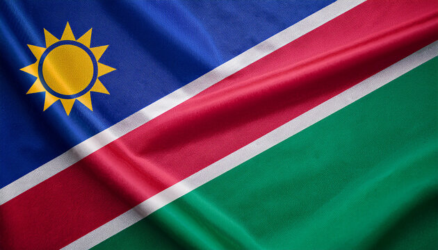 National flag of Namibia, silk fabric. Banner for celebrating Independence Day.