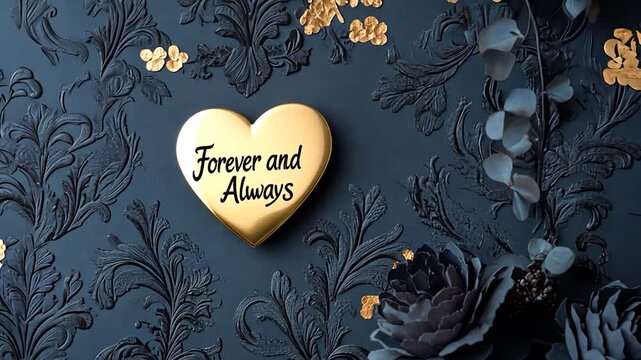 Elegant dark floral background with a golden heart inscribed 'Forever and Always' for romantic decor