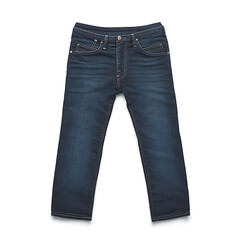 Dark wash denim jeans slightly faded are laid flat with the waistband at the top and the legs slightly spread apart.