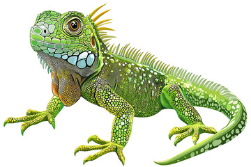 Fototapeta premium Illustrative green iguana with detailed scales yellow spines and curious brown eyes posed against a plain white background.