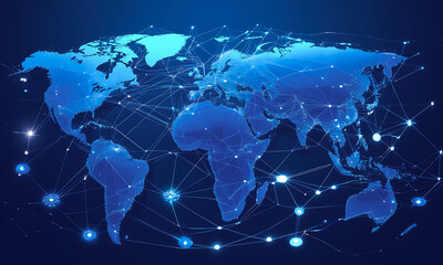 Vibrant Blue Stylized World Map Global Communication and Digital Connectivity Design