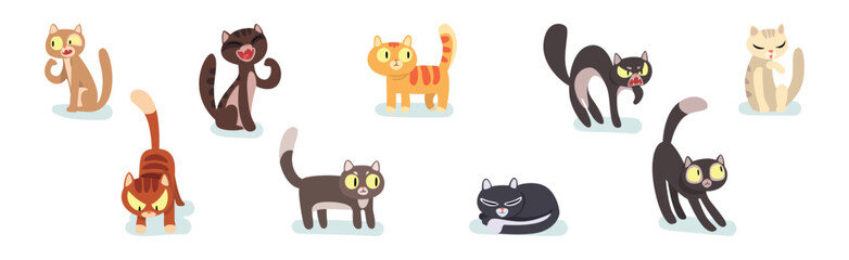 Funny Cat Tame Domestic Animal with Tail and Paw Vector Set