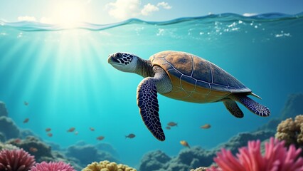 Obraz premium A turtle swimming over a coral reef in the ocean.