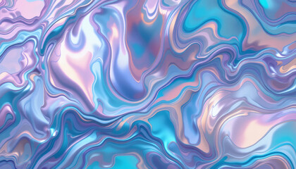 Fototapeta premium Metallic holographic foil with swirling marbled patterns in vibrant teal, pink, and purple gradients, creating a fluid, reflective, and futuristic texture.