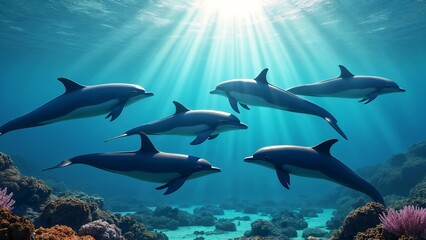 A group of dolphins swimming in the ocean near a coral reef.
