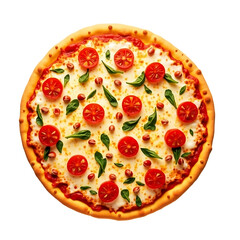 Falling Italian pepperoni pizza on white background.