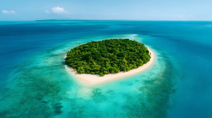Breathtaking Aerial View of Lush Tropical Island Surrounded by Turquoise Lagoon