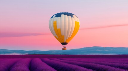 Obraz premium Captivating Hot Air Balloon Soaring Over Lavender Fields in Scenic Provence Landscape at Sunset