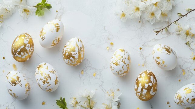 Beautiful easter background with painted golden decoration on easter eggs on white table. Top view and flat lay style.